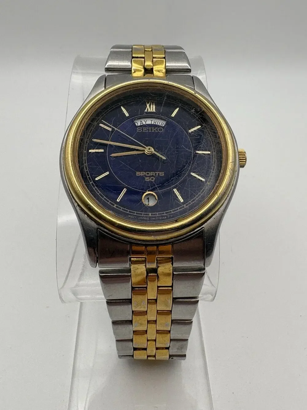 Vintage Seiko Sports 50 Day Date Blue Dial Watch 7N43-9A00 Two Tone RUNNING